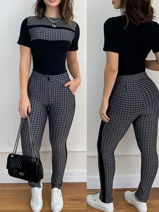 Graphic O-Neck Printed Ladies Top & Pocket Design Pants 2-Piece Set