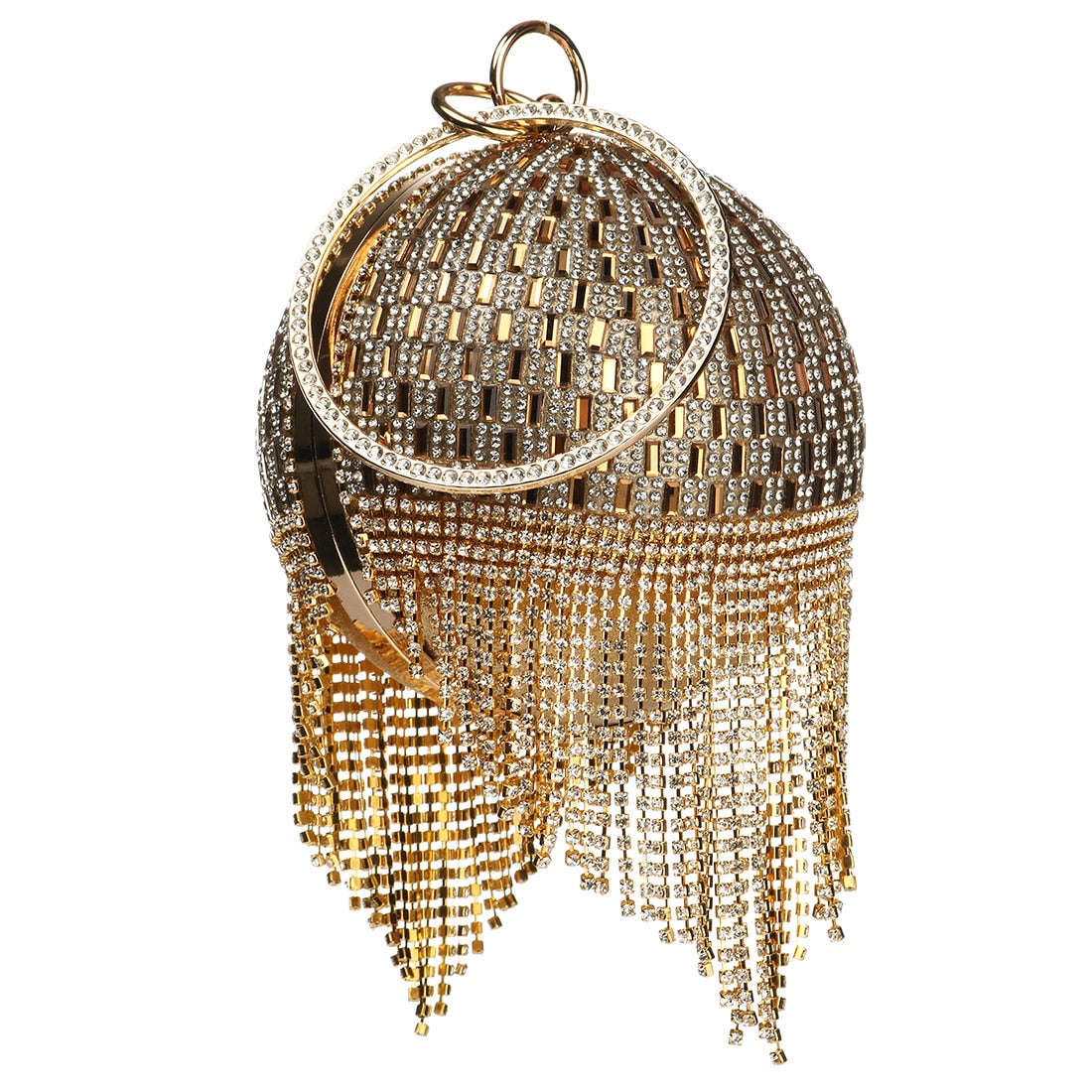 Diamond Tassel Basketball Metal Crystal Clutch Purse w/ Ring Handle