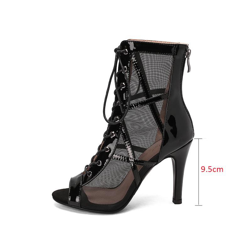 Patent Leather Patchwork Mesh Cross Tie Up Open Toe Ankle Boots