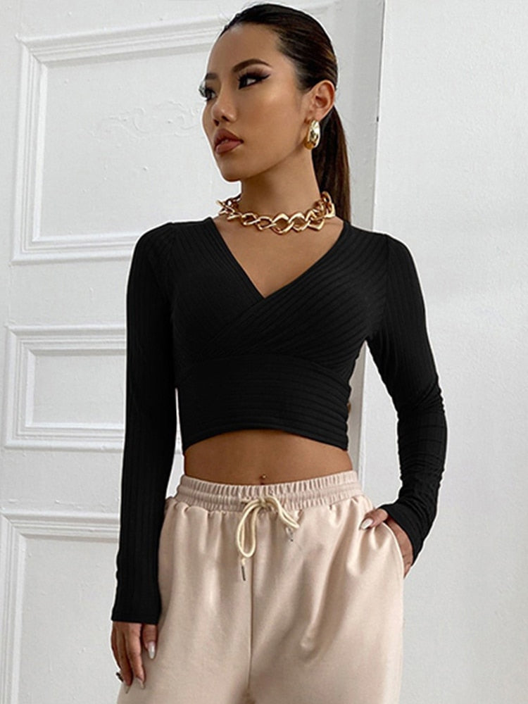 Cropped Long Sleeve V-Collar Bare Midriff Stretch Top