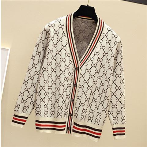 Jacquard Monogram Print Long Sleeve Jacket Button Ladies Sweater