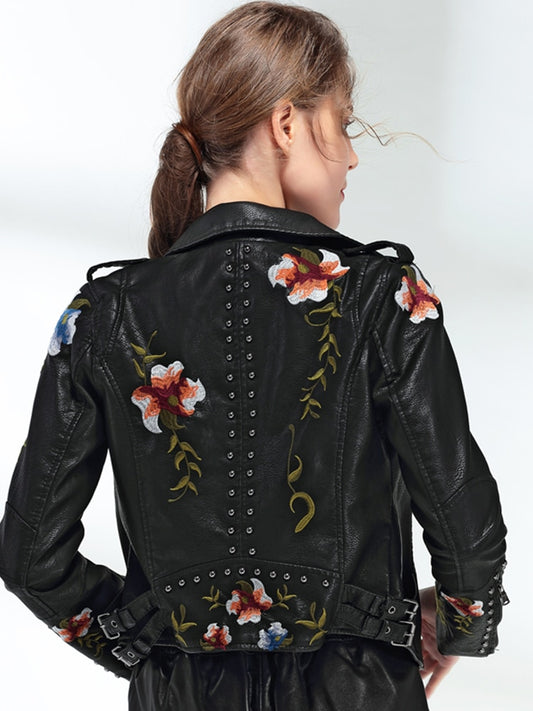 Women's Floral Embroidered Faux Leather Turn-down Collar Motorcycle Punk Jacket