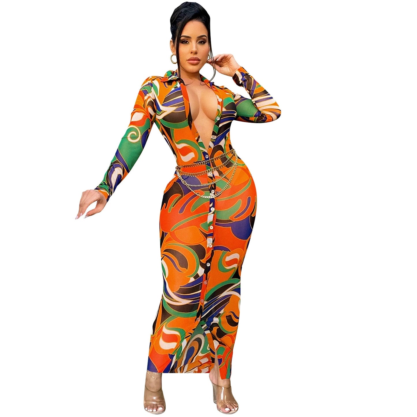 Print Mesh Sheer Bodycon Button Up Long Sleeve Maxi Dress