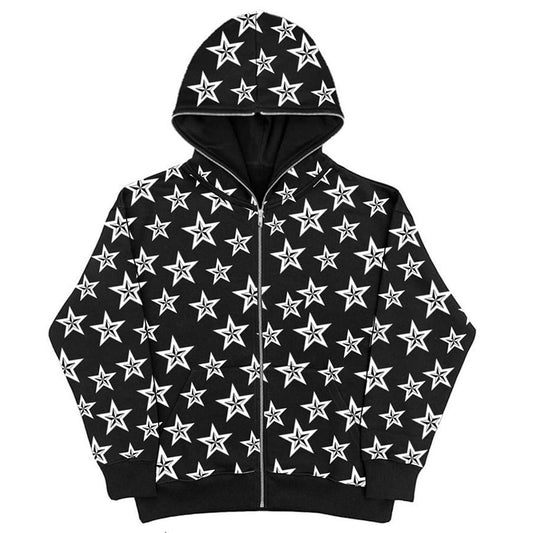 Men's Retro Goth Zip Up Hooded E Girl Gothic Dark Academia Star Print Sweatshirt