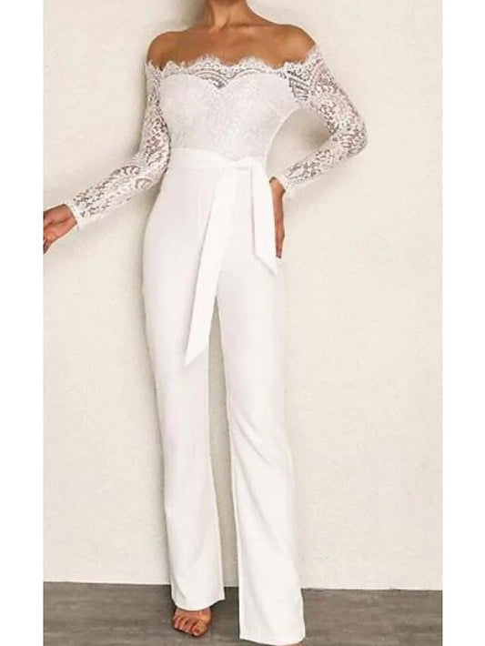 Off Shoulder Lace Long Sleeve Jumpsuit w/ Sash Belt