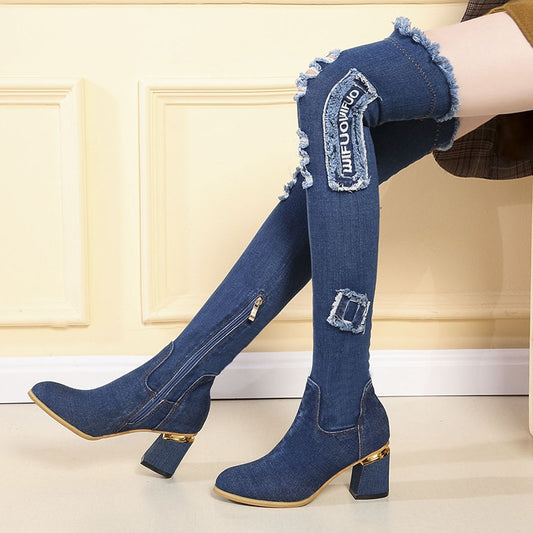 Denim Over The Knee Pointed Toe Cut Out