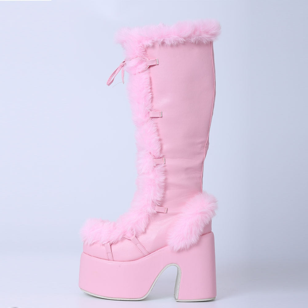 Fur Gothic Chunky Heel Platform Boots