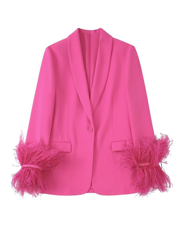 Hot Pink Feather Blazer + Slacks Women's Suit