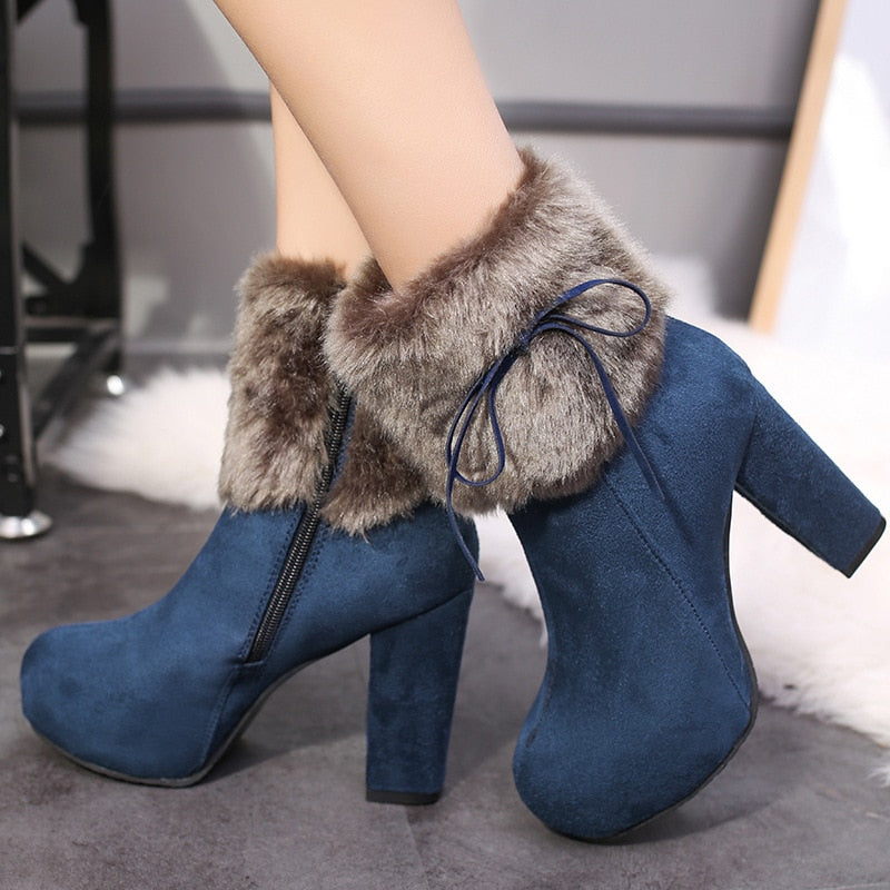 Plush Furry Platform Round Toe Square Heel Ankle Boots