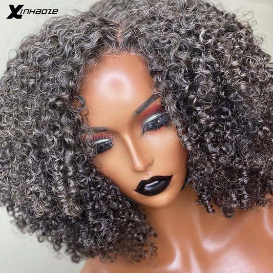 Grey Black Bob Wig Highlight Kinky Curly Short Human Hair Gray 13x4 Lace Frontal Wig for Women Glueless Grey Salt and Pepper Wig