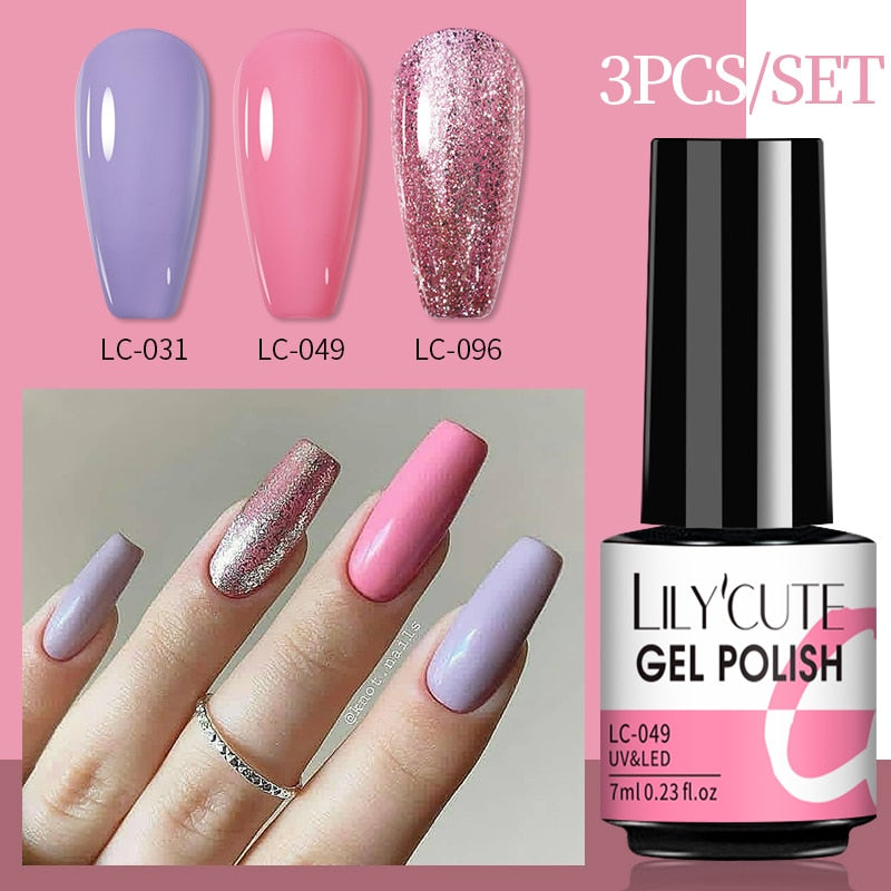 3 Piece Gel Polish Set: Winter Color Glitter Sequin Matte Effect Gel, Long Lasting Base Top Coat Nail Art Design