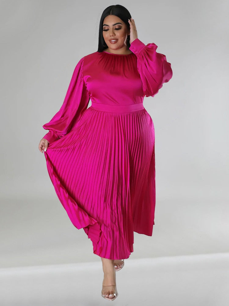 O-Neck Pleated Elegant Maxi Dress Plus to 5X