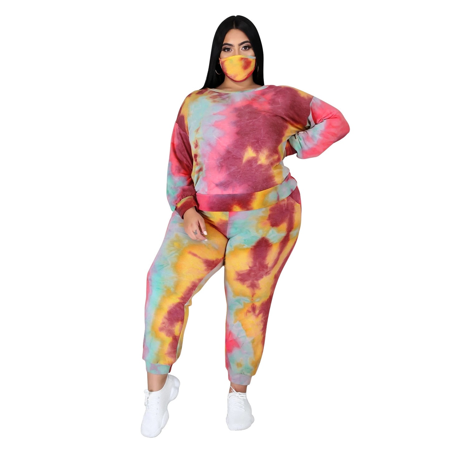 Tie-Dye Hollow-Out Open Lace-Up Back Long Sleeve Pullover Sweatshirt + Sweatpants Women's Tracksuit to 5X Plus Size