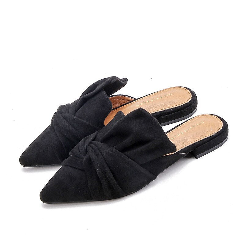 Ladies Mules Flock Bow-Knot Flats Fashion Pointed Toe Office Shoes