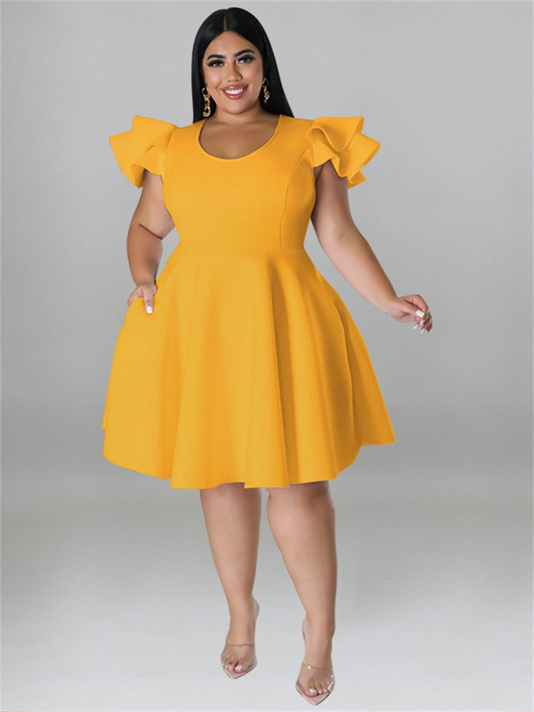 Solid Ruffle Sleeve Big Hem Midi Dress Plus to 5X