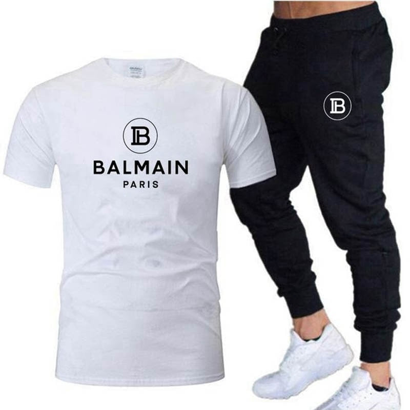 Men's Balmain Cotton T-shirt + Jogging Pants 2-Piece Set