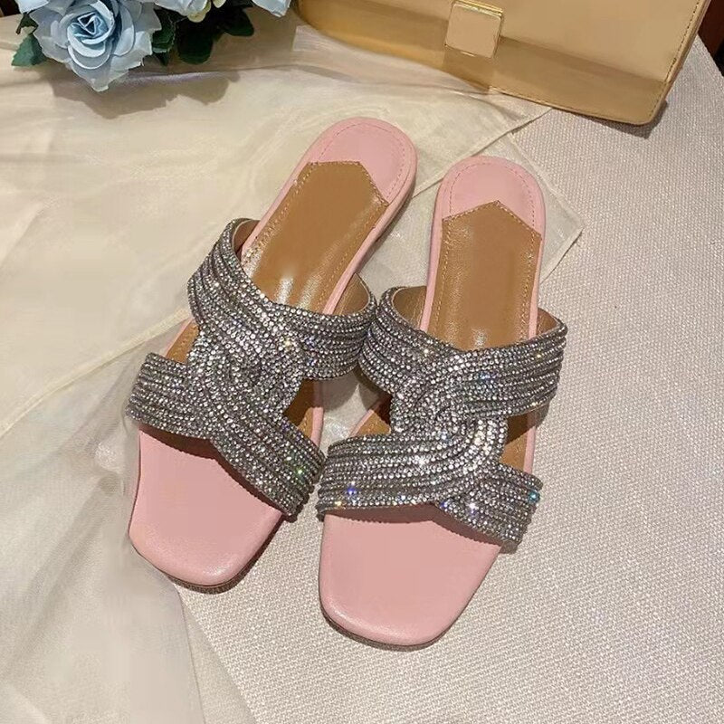 Rhinestone High Heel Peep Toe Crystal Cross Strap Mule Sandals