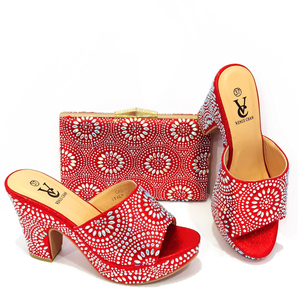 African Print Open Toe Slip On Platform Heel Sandals + Matching Clutch Purse Shoe & Purse Set