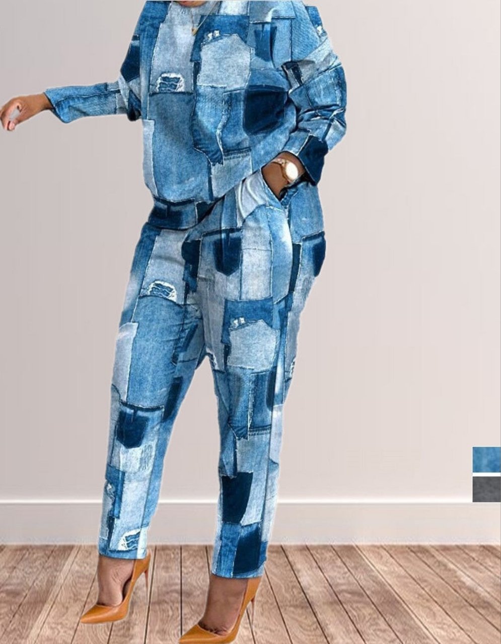 Geometric Colorblock Plus Ladies Faux Denim Printed 2-Piece Sets To 3X