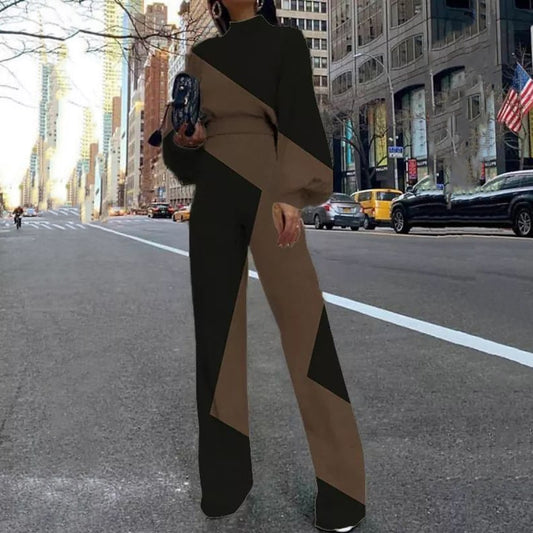 Colorblock Turtleneck Long Sleeve Retro Loose Jumpsuit