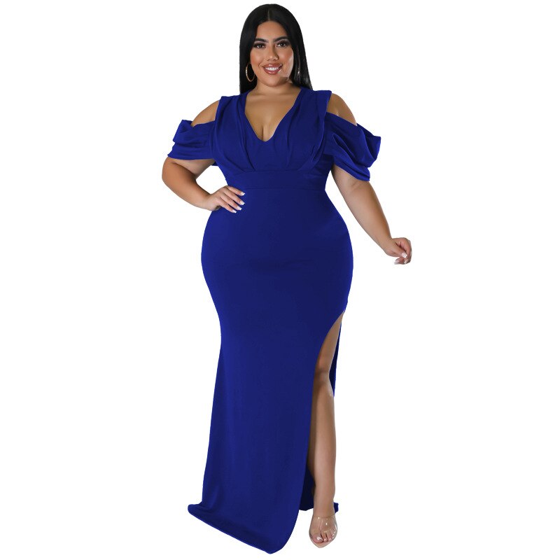 Cut-Out Shoulder V-Neck High Slit Solid Color Maxi Party Dress to 5X Plus Size