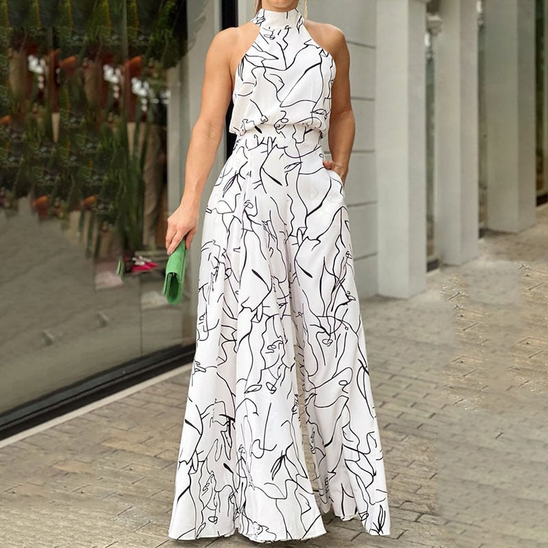 Halterneck Sleeveless Art Print Wide Leg Bodycon Jumpsuit