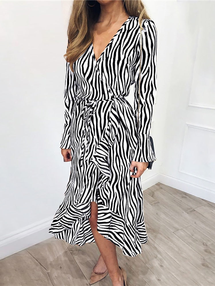 Zebra Print Bohemian Long Sleeve V-Neck Ruffled Party Dress