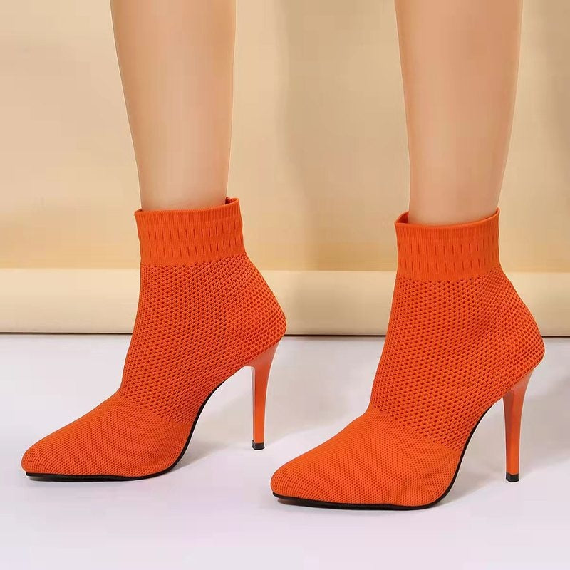 Solid Color Pointed Toe Knitted Slip On Sock Women's Ankle Boots