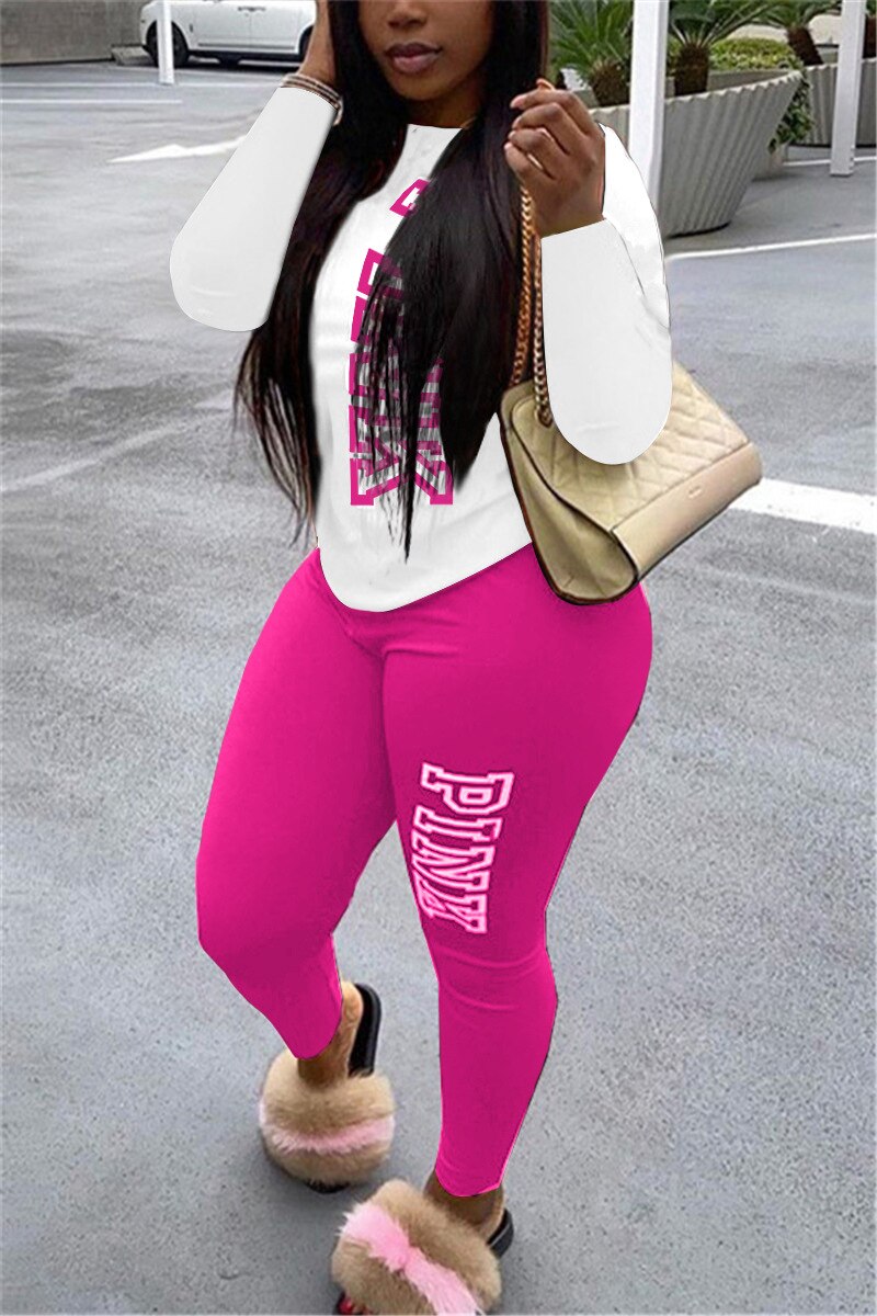 "PINK" O-Neck Letter Print Long Sleeve Women's T-Shirt + Leggings 2-Piece Set to 5X Plus Size