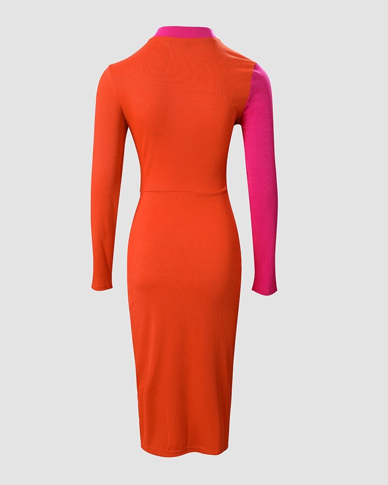 Colorblock Zipper Detail Long Sleeve Mock Neck Bodycon Midi Dress