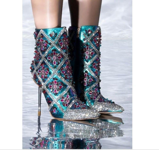 Rhinestone Decorated Stiletetto Heel Pointed Toe Ankle Boots