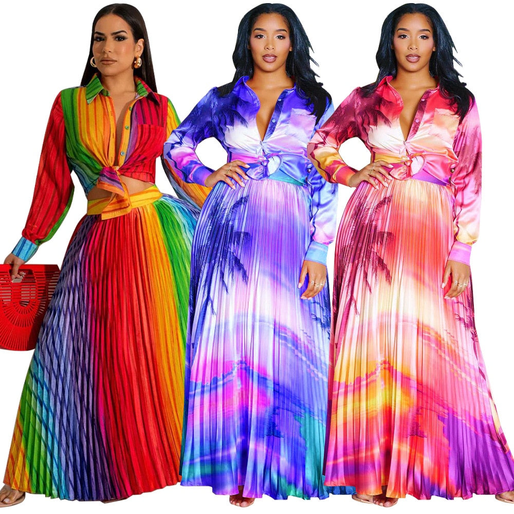 Rainbow Tie-Dye Long Sleeve V-Neck Printed Blouse + Pleated Maxi Skirt Matching 2-Piece Set