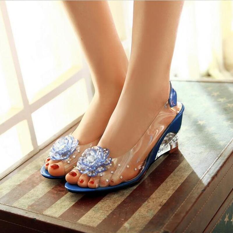 Women's Wedge Flower Print Transparent Open Toe Sandals