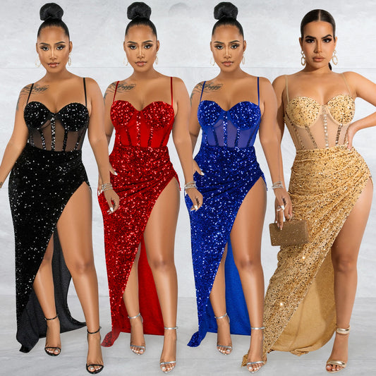 Sparkling Glitter Sequin Mesh Camisole Corset Patchwork Design High Side Slit Maxi Spaghetti Strap Party/Prom/Bridesmaid Formal Dress