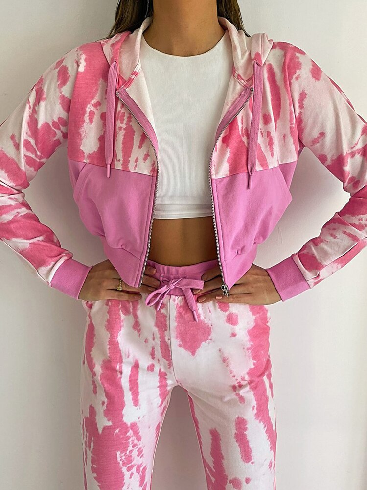 Tie Dye Women's 2-Piece Set- Zipper Long Sleeve Cardigan + Joggers Hoded Pockets