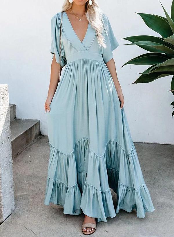 Tiered Vintage Pleated Solid Deep V-Neck Short Sleeve Maxi Dress