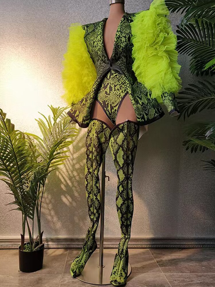 Fluorescent Green Snake Print Leotard Bodysuit, Blazer & Matching Over-The-Knee Boots 3-Piece Set