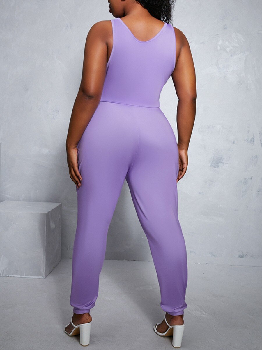 Athleseuire Solid Drawstring Sleeveless U-Neck Jumpsuit to 5X Plus Size