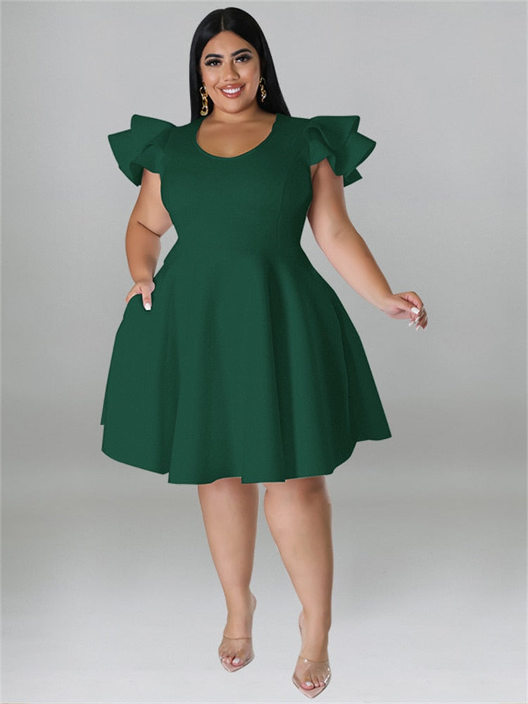 Solid Ruffle Sleeve Big Hem Midi Dress Plus to 5X