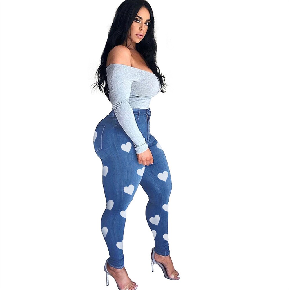 Vintage Heart Printed High Waist Skinny Women's Flare Jeans