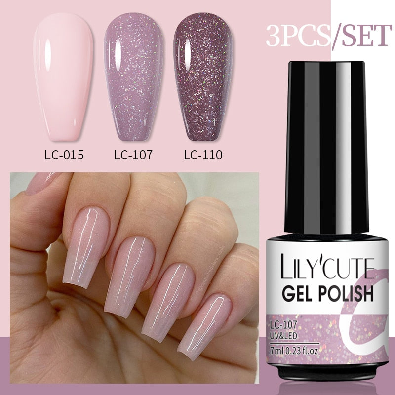 3 Piece Gel Polish Set: Winter Color Glitter Sequin Matte Effect Gel, Long Lasting Base Top Coat Nail Art Design