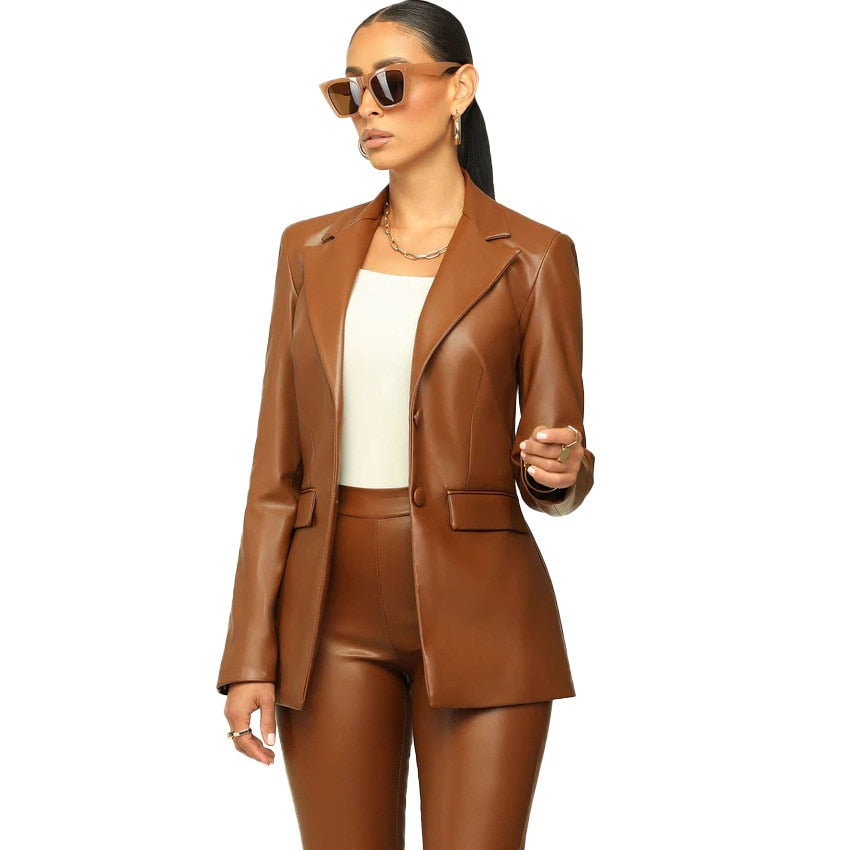 PU Leather Women's Notch Neck Blazer & Pants Office Suit