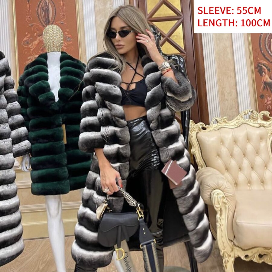 Real Rex Rabbit Fur Striped Contrast Coat