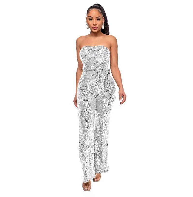 Sleeveless Sequin Shiny Strapless Wide Leg Backless Jumpsuit