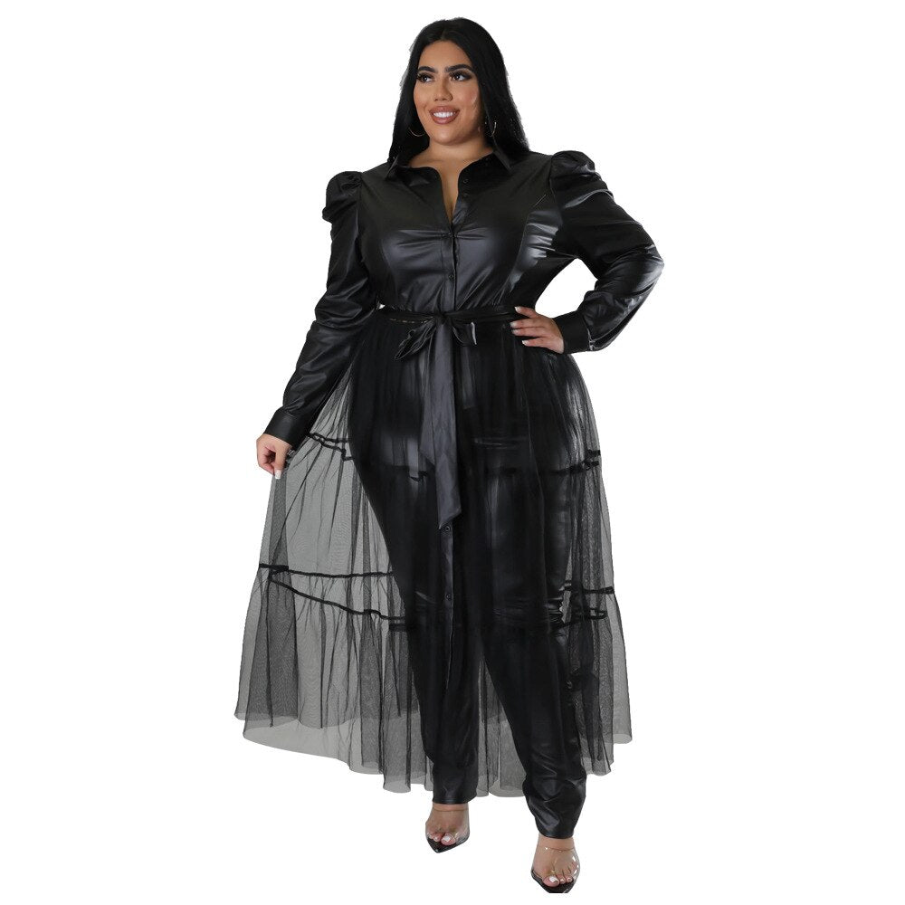 Leather Patchwork Mesh Long Sleeve Maxi Dress Plus to 4X