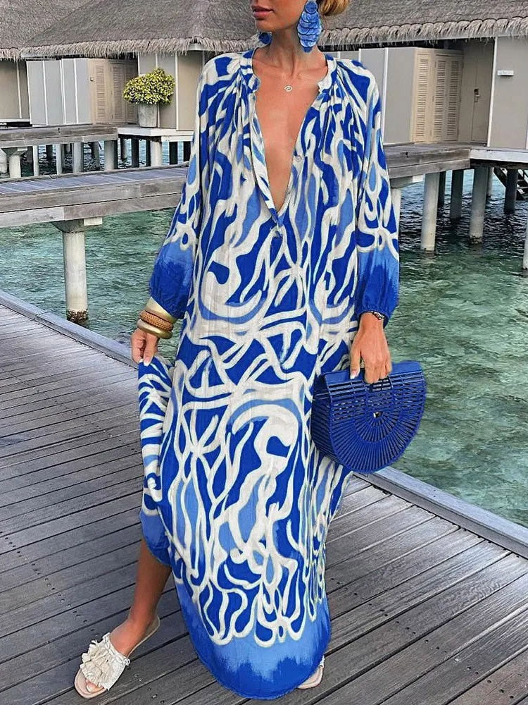 Bohemian Deep V-Neck Vintage Print Long Sleeve Maxi Dress