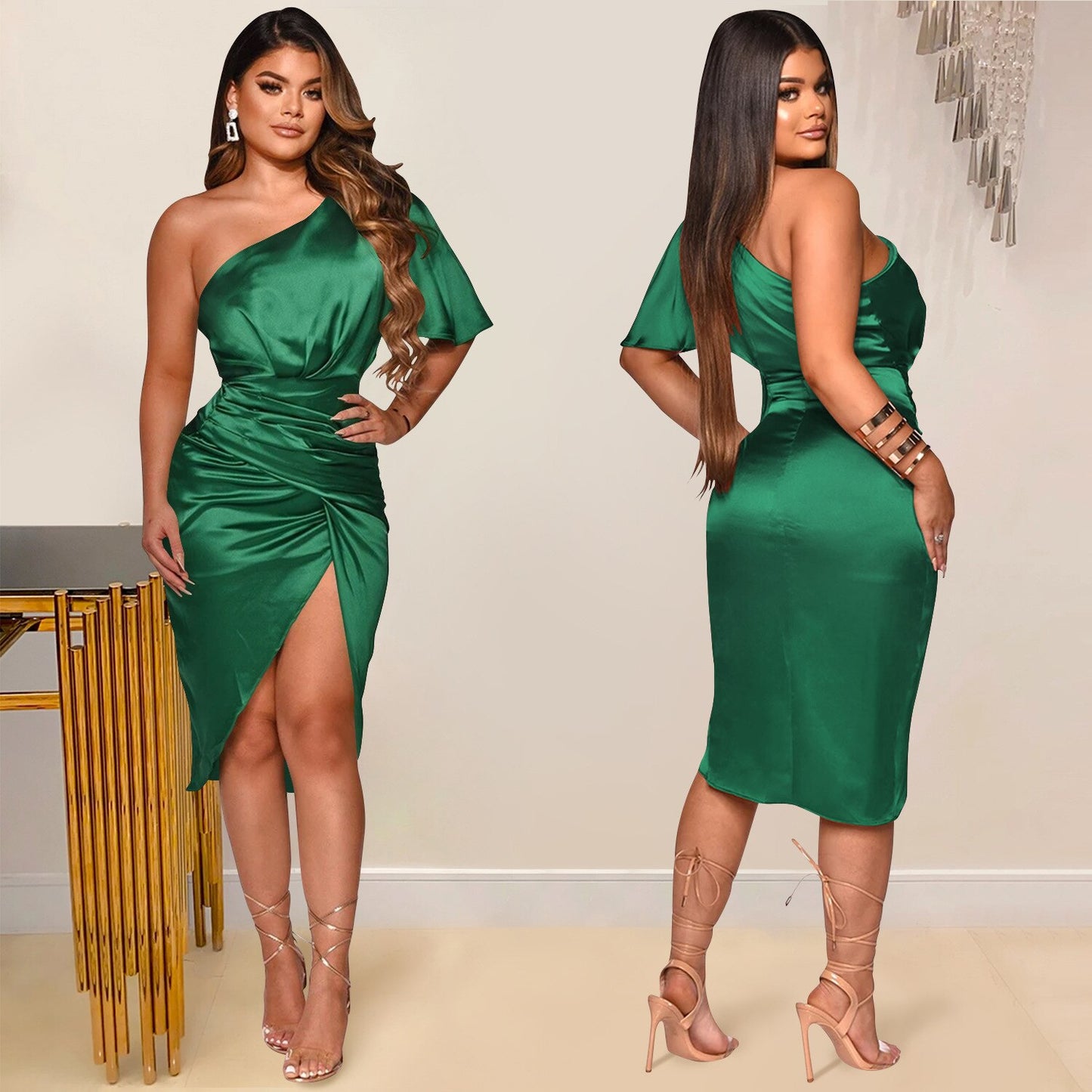 Satin Asymmetrical One-Sleeve Irregular Bodycon Side Slit Dress