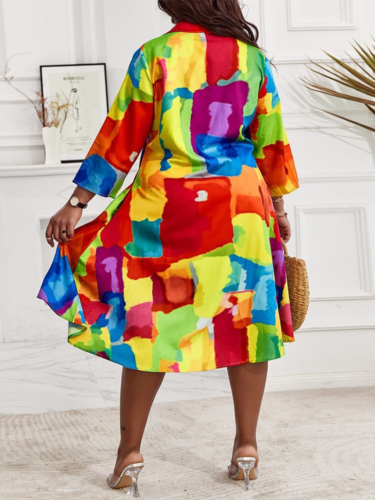 Geometric Abstract Printed V-Neck Loose Long Sleeve Shirt Dress to 4X Plus