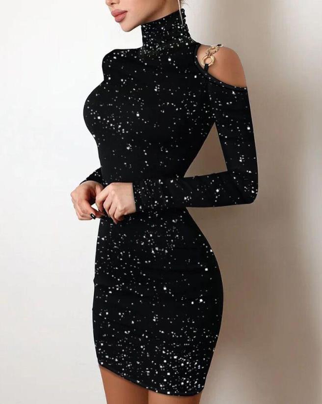 Mesh Sheer Rhinestone Mock Neck Long Sleeve Mini Party Dress