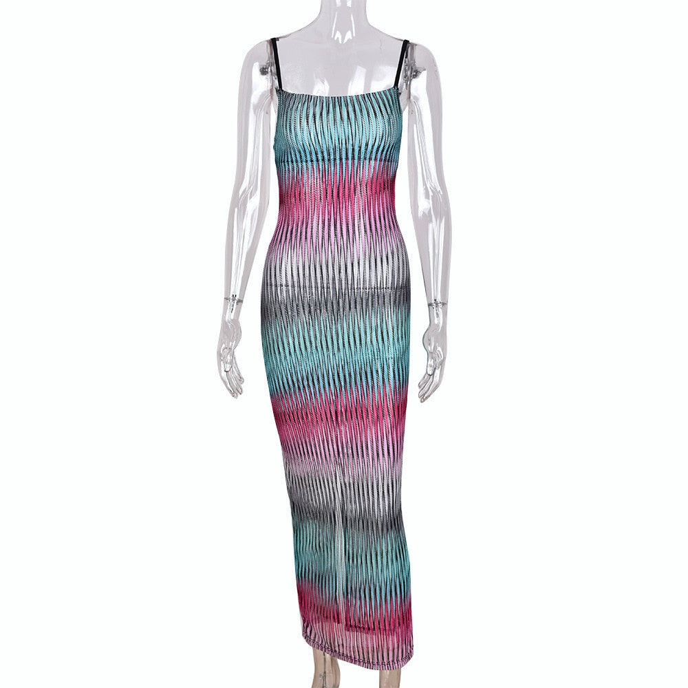 Rainbow Gradient Striped Spaghetti Strap Backless Bodycon Maxi Sun Dress